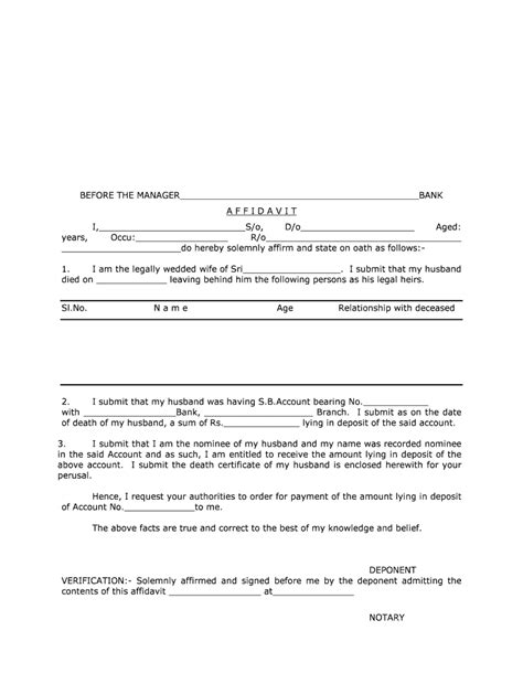 Fillable Online Affidavit Of Wife To Withdraw Amount From Bank Account Of Deceased Fax Email