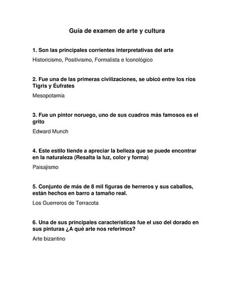 Examen Final ARTE Y Cultura Guía de examen de arte y cultura Son las