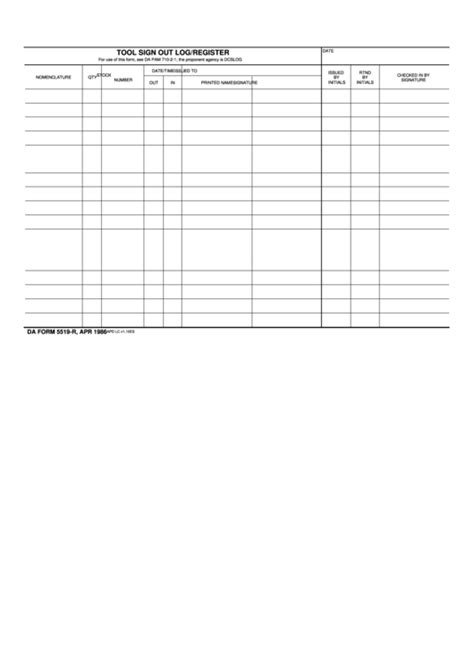 Fillable Da Form 5519 R Tool Sign Out Logregister Printable Pdf Download