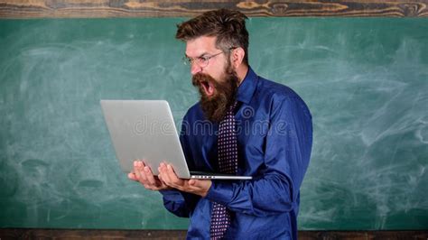 Annoyed By Slow Internet Slowly Internet Annoying Him Teacher Bearded Man Modern Laptop