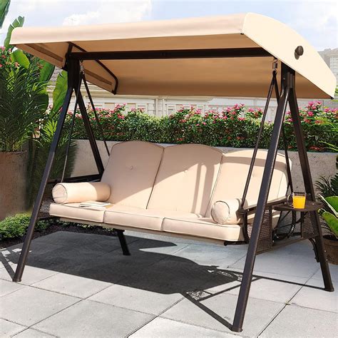 Noblemood Outdoor Porch Swing With Stand And Canopy 3 Seat Freestanding Metal Porch Swing Bed