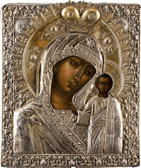 An Icon Showing The Kazanskaya Mother Of God With Silver Gilt Oklad