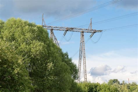 Línea eléctrica en una zona boscosa paisaje forestal Foto Premium