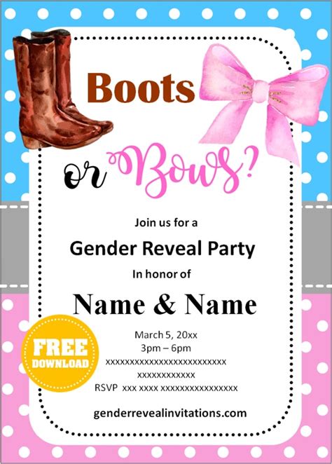 Free Printable Boots Or Bows Gender Reveal Invitations Templates Gender