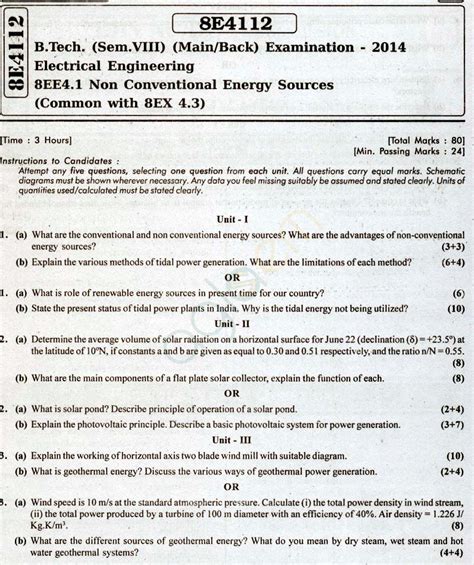 Rtu Question Papers 8 Semester Ee Non Conventional Energy