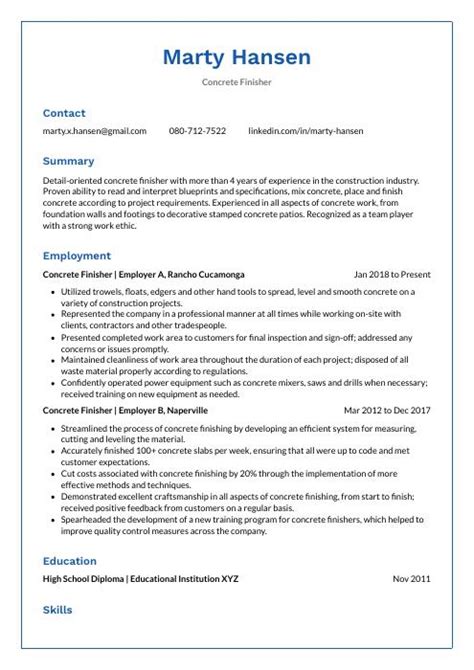 Concrete Finisher Resume Cv Example And Writing Guide