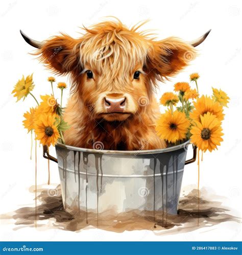 Adorable Baby Highland Cow Sitting In A Bucket With Minimalist Flowers