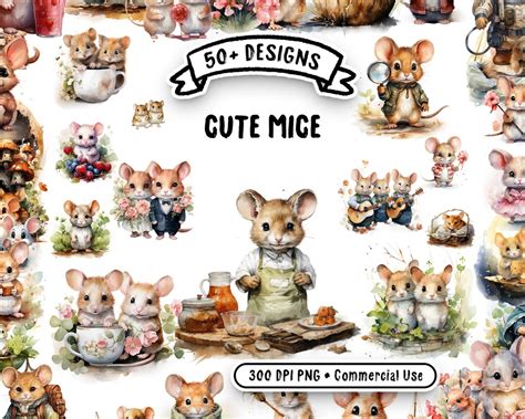 Cute Mice Watercolor Clipart Bundle 57 Transparent PNG Images Whimsical ...