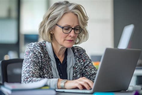 Mature Professional Businesswoman Working Diligently At Office Desk