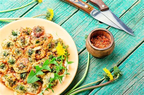 Deep Fried Dandelion Flower On Old Wooden Table Deep Frying Dandelion