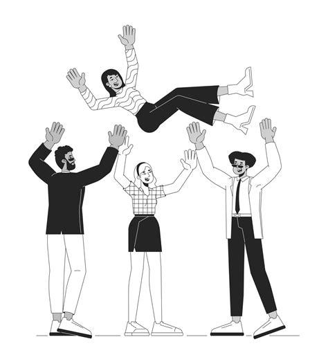 Celebrating peers achievement black and white cartoon flat illustration