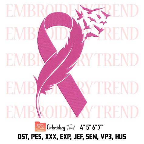 Feather Pink Ribbon Embroidery Breast Cancer Awareness Month Embroidery Embroidery Design File