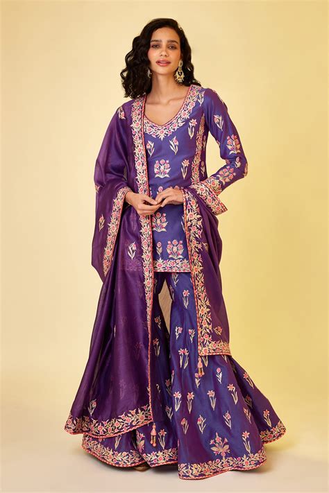 Buy Purple Chanderi Silk Embroidery Gota Leaf Flower Kurta Sharara Set