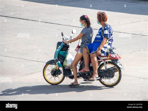 Samut Prakan Thailand May Two Women Rides On Motorcycle At