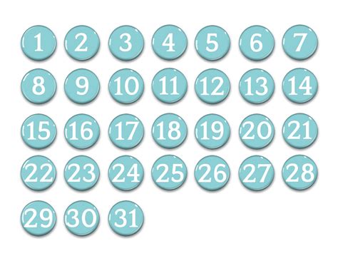 Pastel Teal Aqua Perpetual Calendar Numbers 1 31 1 Magnets Days Of The