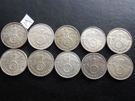 Germany 1938 A X 10pcs Hindenburg 5 Reichsmark Mark Silver Coins Big