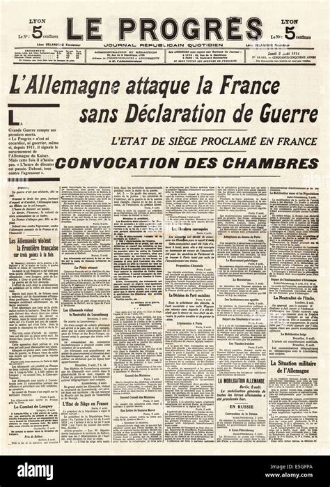 1914 Le Progres France Front Page Reporting The Declaration Of War On