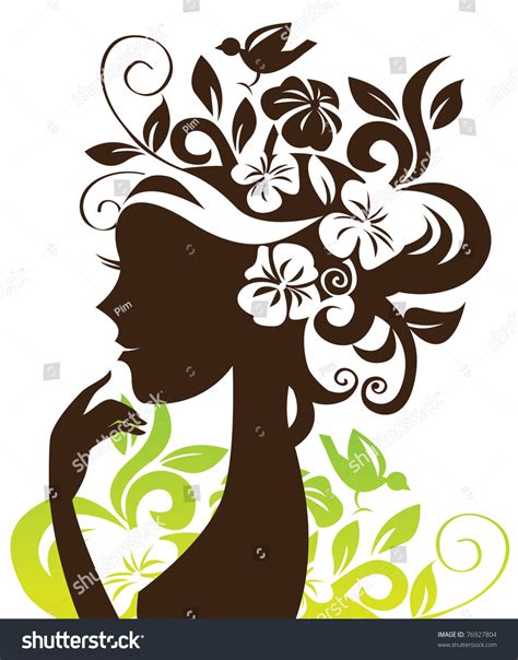 Beautiful Woman Silhouette With Flowers And Bird Stock Vector