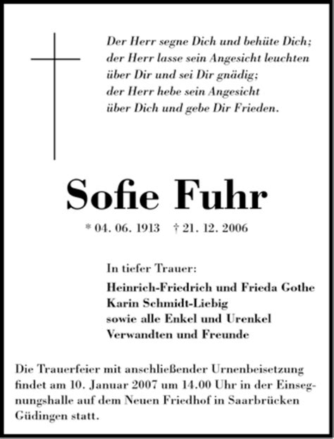 Traueranzeigen Von Sofie Fuhr Saarbruecker Zeitung Trauer De