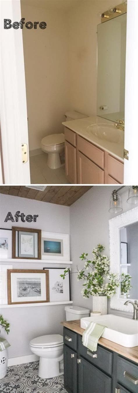 Before And After Photos Of A Bathroom Remodel With Wood Cabinets White