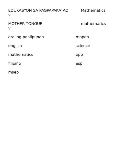 Edukasyon Sa Pagpapakatao Mathematics V Mother Tongue Mathematics Vi Araling Panlipunan Mapeh