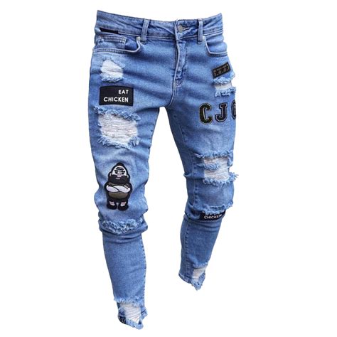 YUHAOTIN Mugsy Jeans Mens Tight Punctured Embroidered Small Leg Jeans ...