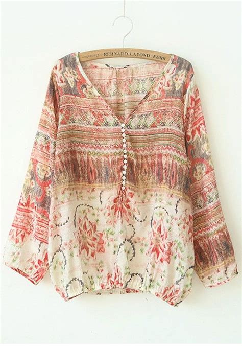 Red Floral V Neck Long Sleeve Cotton Blend Blouse Boho Fashion