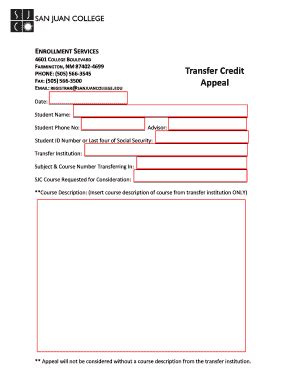 Fillable Online Sanjuancollege Transfer Credit Appeal San Juan