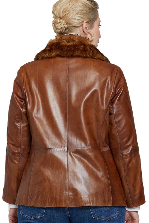 Ashley Graham Womens 100 Real Brown Leather Fur Collar Jacket