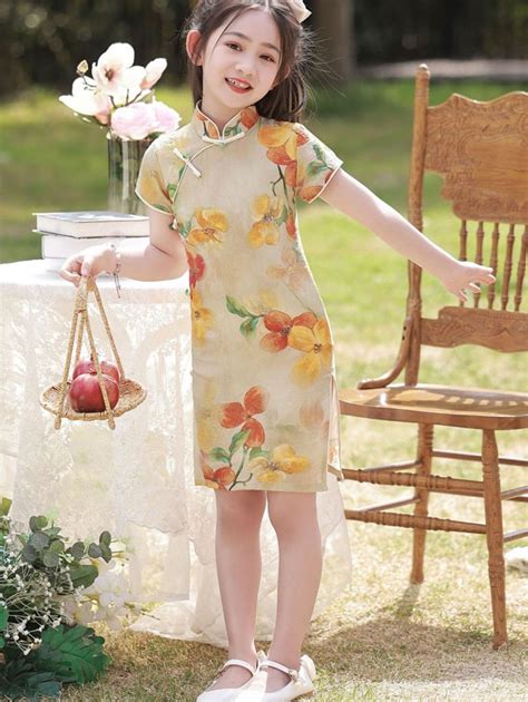 2023 Floral Linen Kids Girls Cheongsam Qipao Dress Cozyladywear