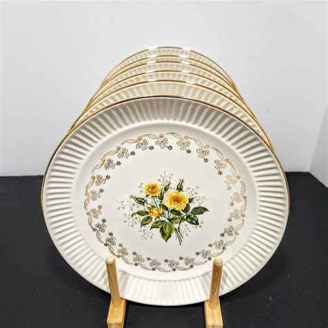 Vintage China Dinner Plates Set Of 6 Yellow Roses Centre Filigree Rim