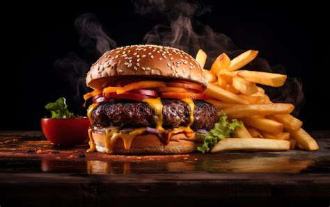 Craft Beef Burger And French Fries On Wooden Table Melting Cheese Isolated On Black Background