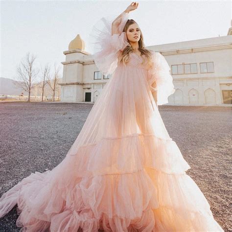 Peach Pink See Thru Long Tulle Robe Women Maternity Dresses To Photo