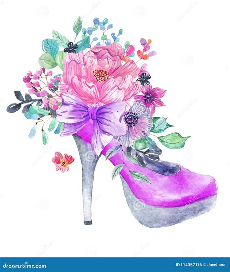 Beautiful Watercolor High Heel Shoe With Flowers Stock Illustration