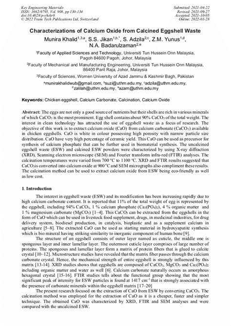 Characterizations Of Calcium Oxide From Calcined Eggshell Waste