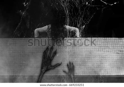 Scary Ghost Woman Haunted Househorror Background Stock Illustration