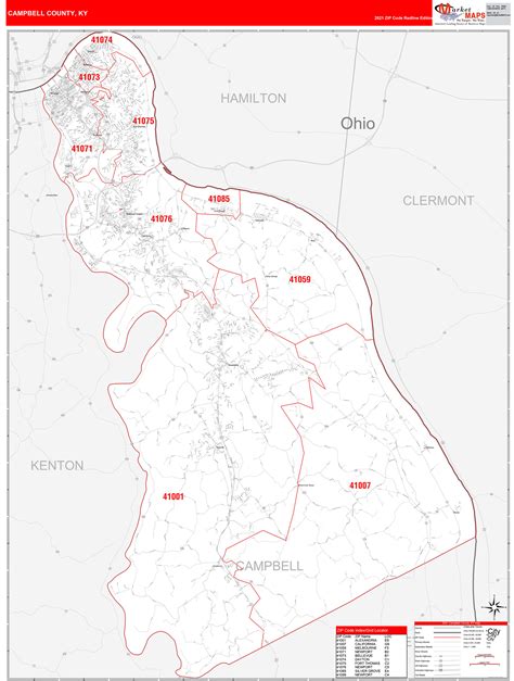 Campbell County Ky Zip Code Wall Map Red Line Style By Marketmaps