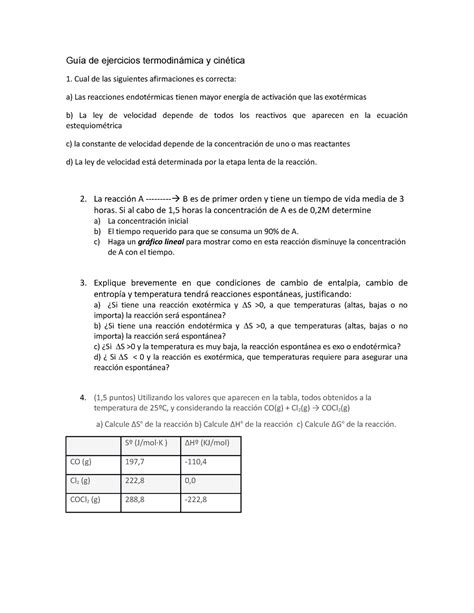 Guía De Ejercicios Termodinámica Y Cinética Guía De Ejercicios Termodinámica Y Cinética Cual