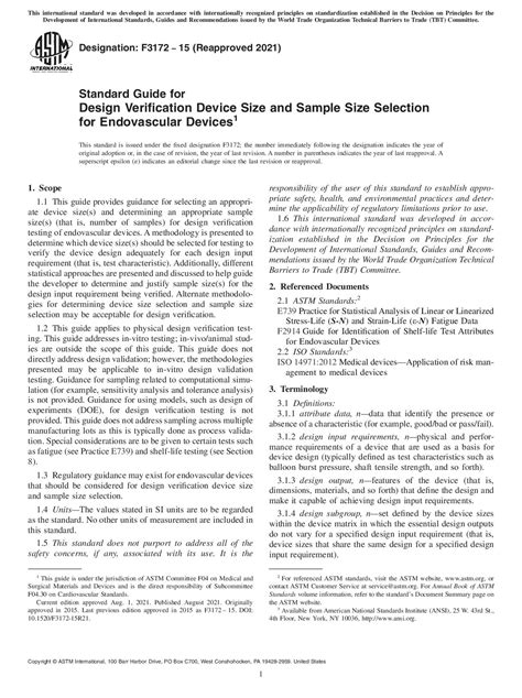 ASTM F3172 15 2021 血管内装置的设计验证装置尺寸和样品尺寸选择的标准指南 标准全文