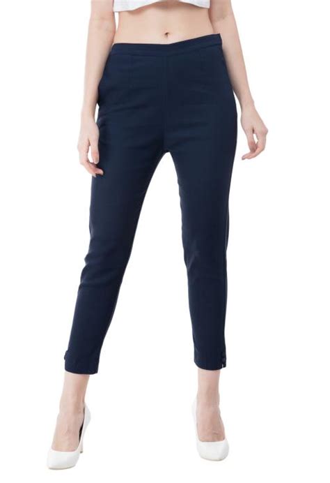 Buy Preego Women Dark Blue Solid Cotton Blend Trouser Online At Best Prices In India Jiomart