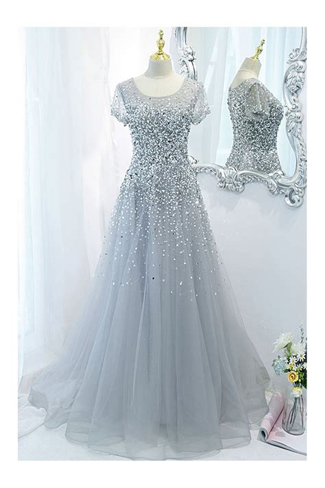 Sparkly Sequined Long Tulle Prom Dress With Short Sleeves 160992