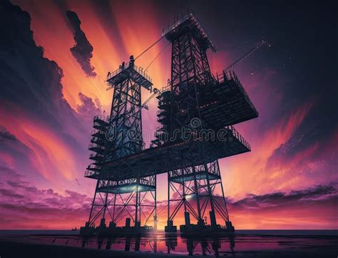 Oil Rig Platform In Open Sea On Beautiful Sunset Oil Production