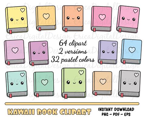 Colorido Libro Clipart Set Kawaii Libros Clip Art Printable Etsy