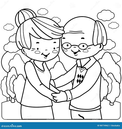 Senior Couple At The Park Vector Black And White Coloring Page Stock