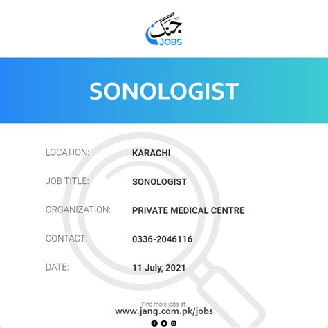 Sonologist Job – Private Medical Centre - Jobs in Karachi – 15535