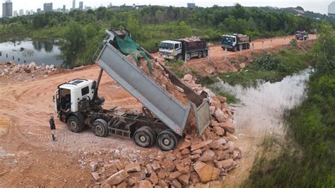 Hard Work For Excellent Skill Komatsu Dozers Push Much Stone To Filling