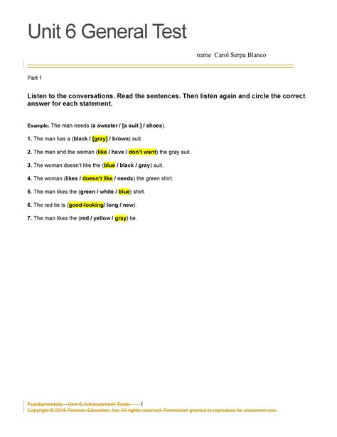 Top Notch Fundamentals Unit 6 Resuelta Unit 6 General Test Name Carol