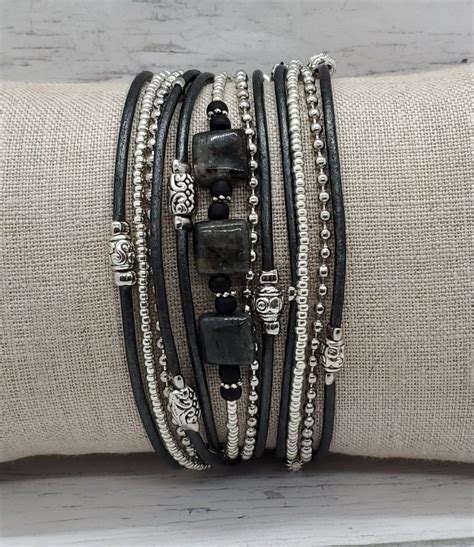 Leather Wrap Bracelet Multistrand Wrap Bracelet Beaded Wrap Bracelet Leather Cuff Bracelet Black