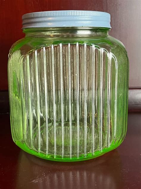 Anchor Hocking Vaseline Glass Ribbed Hoosier Jar Canister Depression