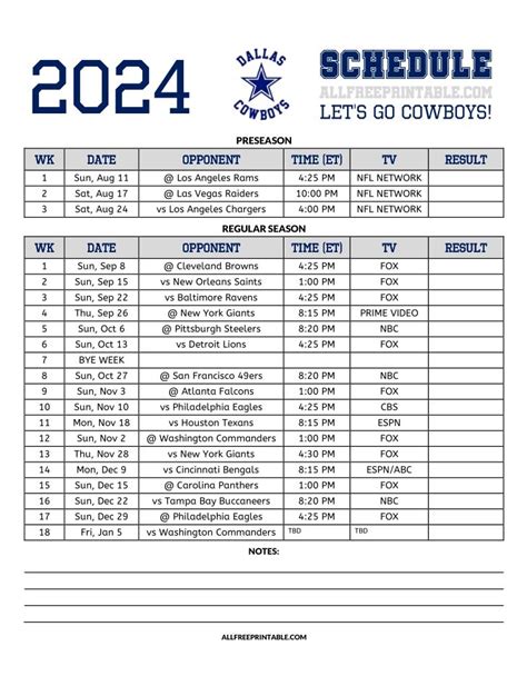 2024 Dallas Cowboys Schedule – Free Printable